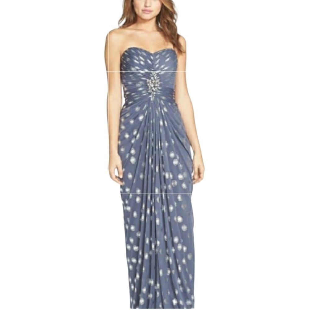 Adrianna Papell Foiled Dot Draped Mesh Gown Slate Gray Sz 2